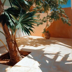 Poster - Palm tree in the sunlit courtyard with terracotta walls shadows and potted plants evokes a serene mediterranean atmosphere