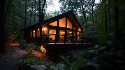Aufkleber - Wooden Cabin Illuminated At Dusk In Dense Green Forest With Warm Interior Lights Creating Inviting And Tranquil Atmosphere
