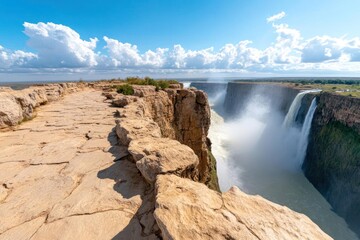 Aufkleber - Dramatic wide angle view of a cascading waterfall over a rugged cliff edge under a vibrant blue sky with fluffy white clouds. The natural landscape features a light brown stone path