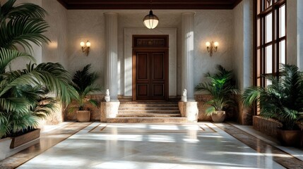 Poster - Elegant interior space with ornate columns wooden door and lush greenery bathed in warm light creating inviting and sophisticated ambiance