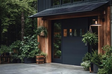 Poster - Exterior view of a modern home with wooden siding dark garage door and lush greenery surrounding the entrance. The scene is illuminated by soft natural light creating a serene atmosphere