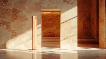 Poster - Architectural interior with textured walls a tall modern lamp and a large mirror reflects the space with sunlight and shadows