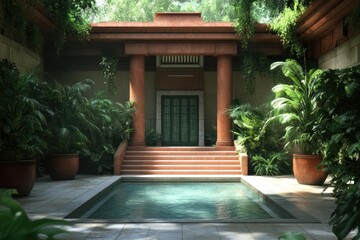 Aufkleber - Tranquil outdoor courtyard featuring a rectangular pool surrounded by lush green foliage and terracotta pots architectural design with stairs leading to a doorway bathed in natural light