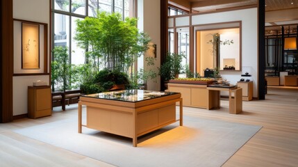Poster - Interior display with wooden furniture and showcase display, with indoor plants and bright windows at daytime