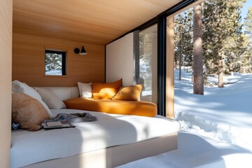 Poster - Cozy interior scene with a bed and orange cushions, snowy outside view through a glass door, soft lighting, wood paneling creating a warm atmosphere