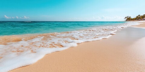 Aufkleber - Sandy beach with clear turquoise water and white foamy waves under a bright blue sky tropical scene
