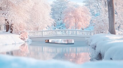 Aufkleber - Serene winter landscape with a snow covered bridge over a calm river trees in pastel colors and white snow creating a tranquil atmosphere
