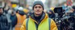 © Snap Vivid - yellow vests construction worker man giving speech infront of tv camera or live labor union strike event for news tv media and press headlines standing in the street. Generative AI