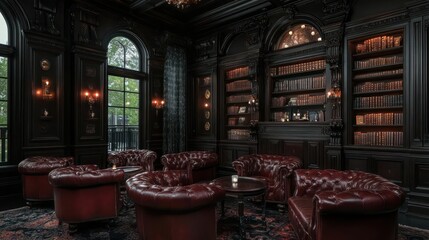 Poster - Elegant interior with dark wood paneling leather armchairs bookshelves and sparkling ambiance. Features large windows with outdoor views