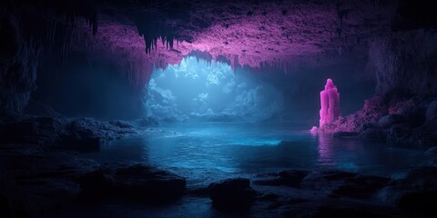 Aufkleber - Illuminated abstract cave interior with reflective water features a captivating display of cyan and magenta hues casting an atmospheric and otherworldly glow