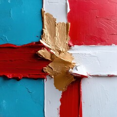 Poster - Abstract art texture composition with thick brushstrokes in red white blue and gold color combination square layout