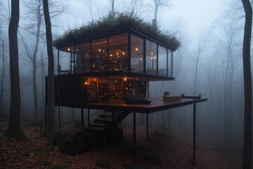 Aufkleber - Modern elevated house with glass walls and green roof illuminated against a foggy forest background. Features wooden deck and stairs, creating an inviting woodland retreat setting