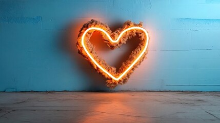 Aufkleber - Illuminated heart shaped neon light against a textured blue and white wall casting soft shadows and creating a romantic atmosphere