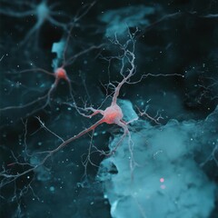 Poster - Illustration of neuron cells with branching structures in a blue and red color scheme. Focus on cellular network with glowing effect in dark background