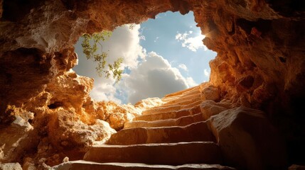 Aufkleber - View from inside a cave ascending steps towards bright sunlight and blue sky with fluffy white clouds