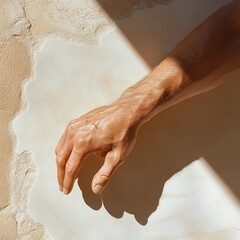 Fototapete - Close up shot of a tanned arm with wet skin on a textured beige surface under bright sunlight creating stark shadows