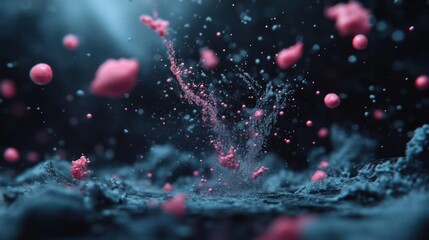 Aufkleber - Abstract composition of pink particles exploding against a dark background with atmospheric lighting. Detailed textures and depth of field create a dynamic and artistic visual
