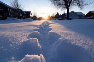 Aufkleber - Sunlit snow-covered path with footprints between houses during golden hour. The warm light creates a sparkling effect on the fresh snow, hinting at winter's beauty