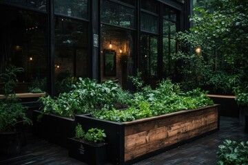 Poster - Outdoor garden bed with lush green plants against a dark backdrop of building and windows creating a tranquil atmosphere