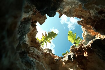 Aufkleber - Low angle view from inside a rock structure looking upwards towards the sky with green plants