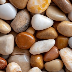 Poster - Close up view of assorted smooth polished pebbles in varying earth tones. Detailed texture displays natural patterns and subtle highlights