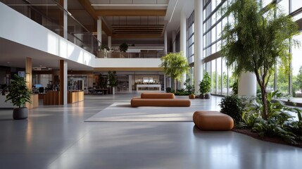 Poster - Modern light filled interior with large windows seating areas and indoor plants creating a bright spacious environment