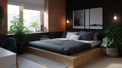 Poster - Interior bedroom scene with bed plants artwork and natural light from window creating cozy atmosphere in modern apartment