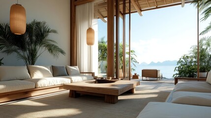 Aufkleber - Relaxing coastal living room with natural wood furniture sea view through the window and white wall