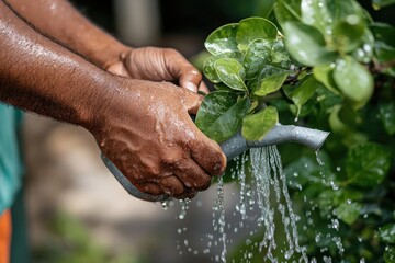 Aufkleber - Close up of a person watering green plants with a metal watering can. Clear water streams are flowing from the can. The focus is on the hands and the water droplets