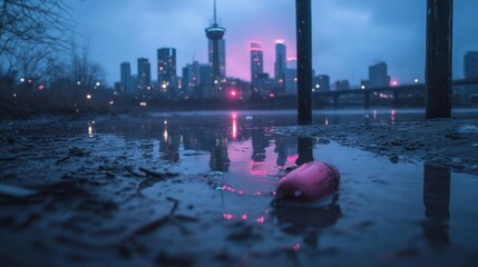 Aufkleber - Urban cityscape at dusk with illuminated skyscrapers reflecting in puddles after rain. A lone red object rests in the foreground adding a striking contrast to the dark blue tones