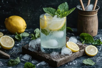 Poster - Refreshing summer cocktail with lemons mint leaves and ice on wooden board with dark moody background