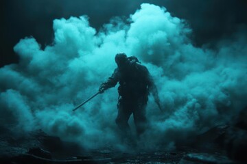 Poster - Silhouette of person in dense blue mist holding a stick with dark background dramatic lighting and moody atmosphere