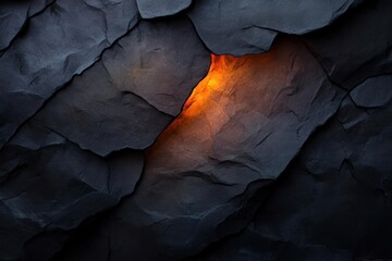 Poster - Close-up of dark cracked rock with a fiery orange glow emanating from within creating a striking contrast of textures and colors