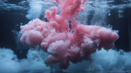 Aufkleber - Pink cloud of ink dissolving in water with blue and white smoke-like forms creating an abstract underwater scene with glitter particles. 