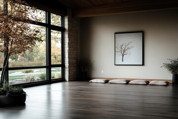 Aufkleber - Minimalist interior space with large windows overlooking a serene landscape features tree art wood ceiling stone wall and cushions on the floor creating a calm atmosphere
