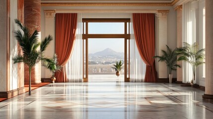 Poster - Grand Interior with Marble Floor and Columns and Large Windows with Orange Curtains and Green Plants
