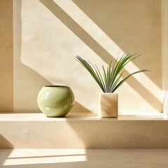 Aufkleber - Two ceramic vases and a plant in a square pot are on a ledge illuminated by sunlight and shadows in a minimalistic setting