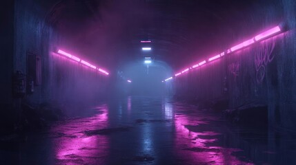 Aufkleber - Dark neon tunnel with reflective wet ground and textured walls illuminated by pink and blue fluorescent lights creating a futuristic or cyberpunk atmosphere
