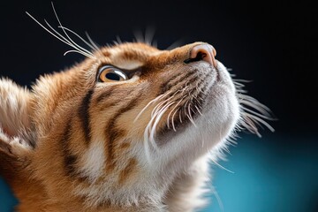 Poster - Close up of a ginger tabby cat looking up against a dark blue background featuring whiskers and detailed fur texture with shallow depth of field