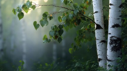 Poster - Sunlit forest with birch trees and green foliage. Drops of water on leaves. Atmospheric lighting in the misty woods
