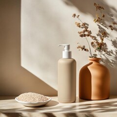 Aufkleber - Neutral toned skincare product bottle and clay vase with dried plant in front of a textured wall with light and shadow play