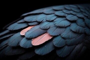 Leinwandbilder - Close up image of bird feathers in shades of teal and coral against a dark background revealing intricate patterns