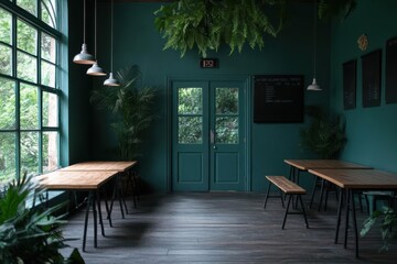 Poster - Interior shot of a cafe with green walls and wooden tables and chairs. Natural light streams through large windows highlighting indoor plants
