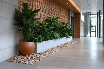 Aufkleber - Interior hallway with modern design featuring plants pebbles and natural light creating a serene atmosphere