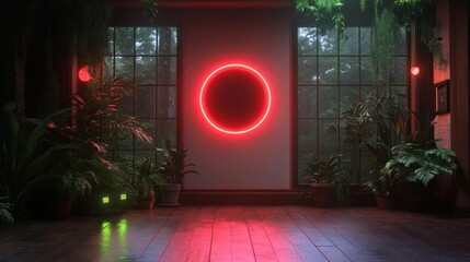 Aufkleber - Interior scene with vibrant red neon circle on wall framed by windows lush green plants and wet wooden floor with red light reflection