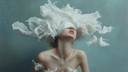 Fototapete - Woman with eyes covered by white cloth surrounded by splashing water, creating a dynamic and ethereal scene. The water droplets create a textured effect