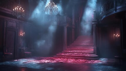 Poster - Dramatic interior view of a hall with a staircase illuminated by stage lighting and chandeliers creating a hazy atmosphere with particles