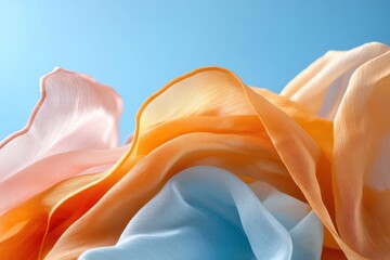 Leinwandbilder - Abstract textile composition with various layers of flowing fabrics in orange beige and blue shades against a bright sky background with soft lighting