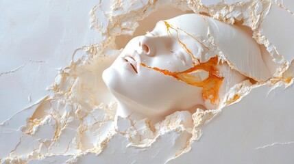 Poster - Sculptural artwork of a white face emerging from a textured white and gold background capturing a sense of fragility and artistic expression