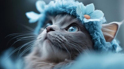 Poster - Close-up portrait of a feline adorned with a delicate blue floral headpiece. The cat looks upward with captivating blue eyes set against a softly blurred background